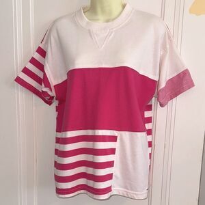 Vtg 80s Greenline Sport Bright Pink & White Striped Crew Neck Short Sleeve Shirt